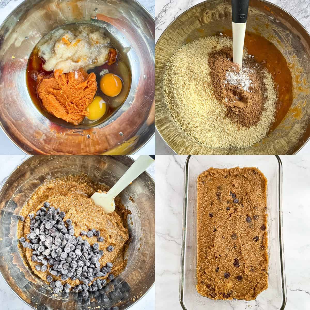 Step by step photos on how to make pumpkin banana bread.
