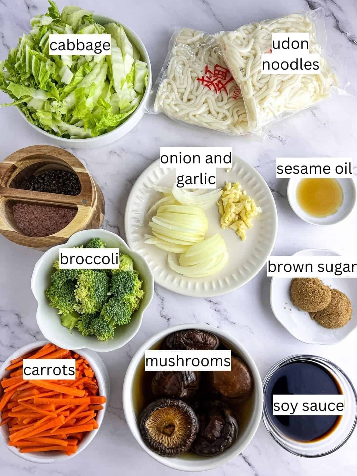 Ingredients for vegan udon stir-fry noodles.