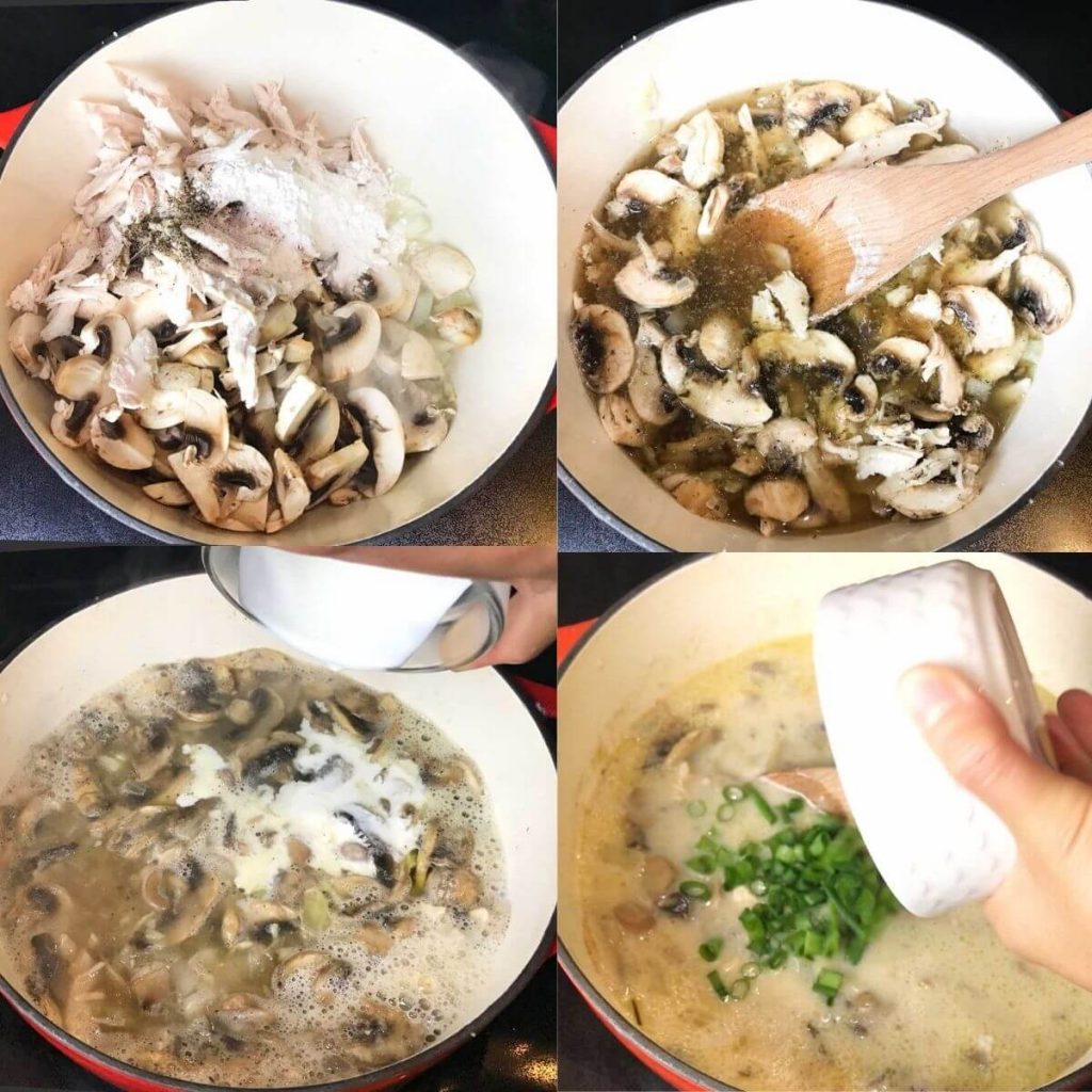 Step by step instructions on how to make creamy mushroom turkey soup