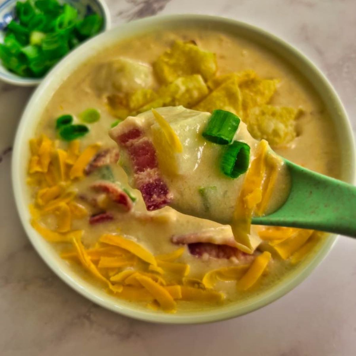 Cheesy Potato Bacon Soup in a bowl
