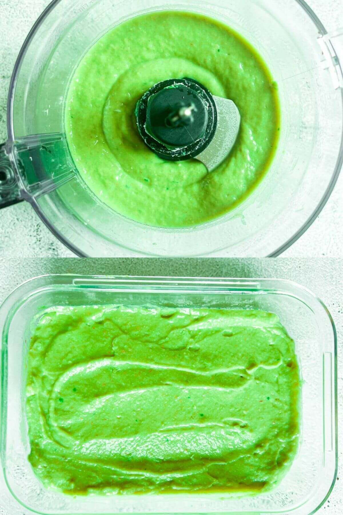 Avocado ice cream in food processor and container