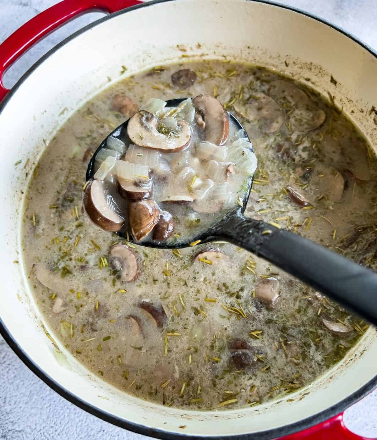 A spoonful of vegan mushroom soup.