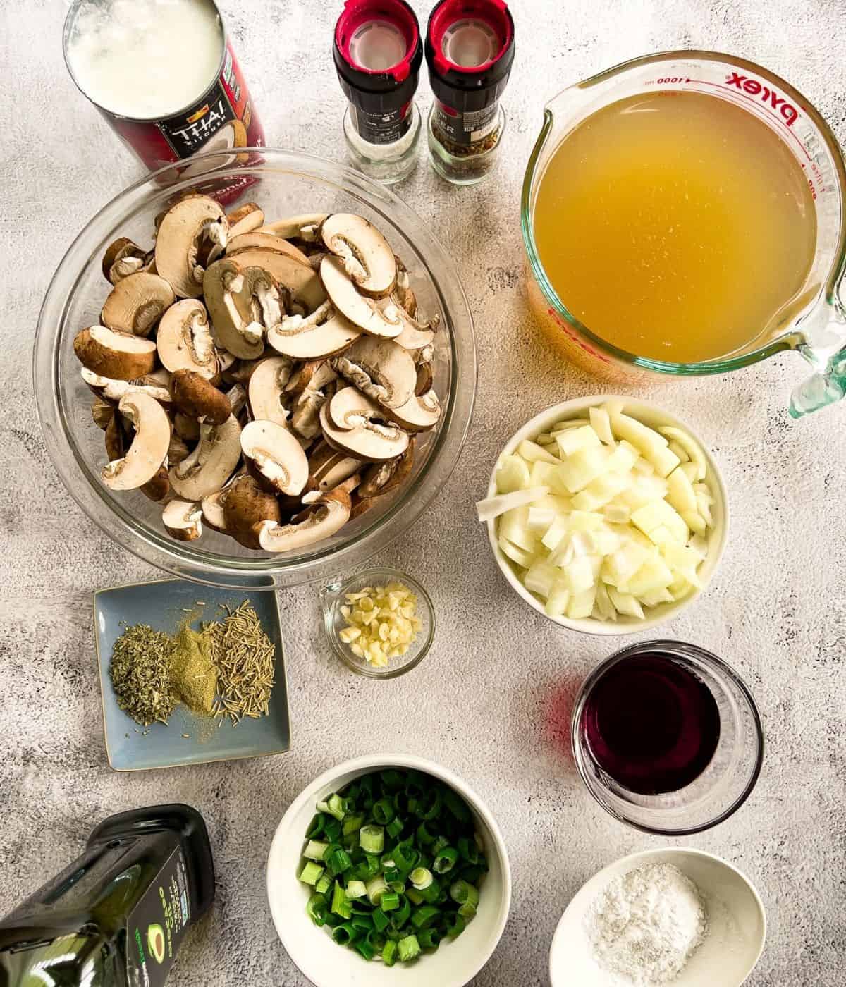 Ingredients for vegan mushroom soup recipe.