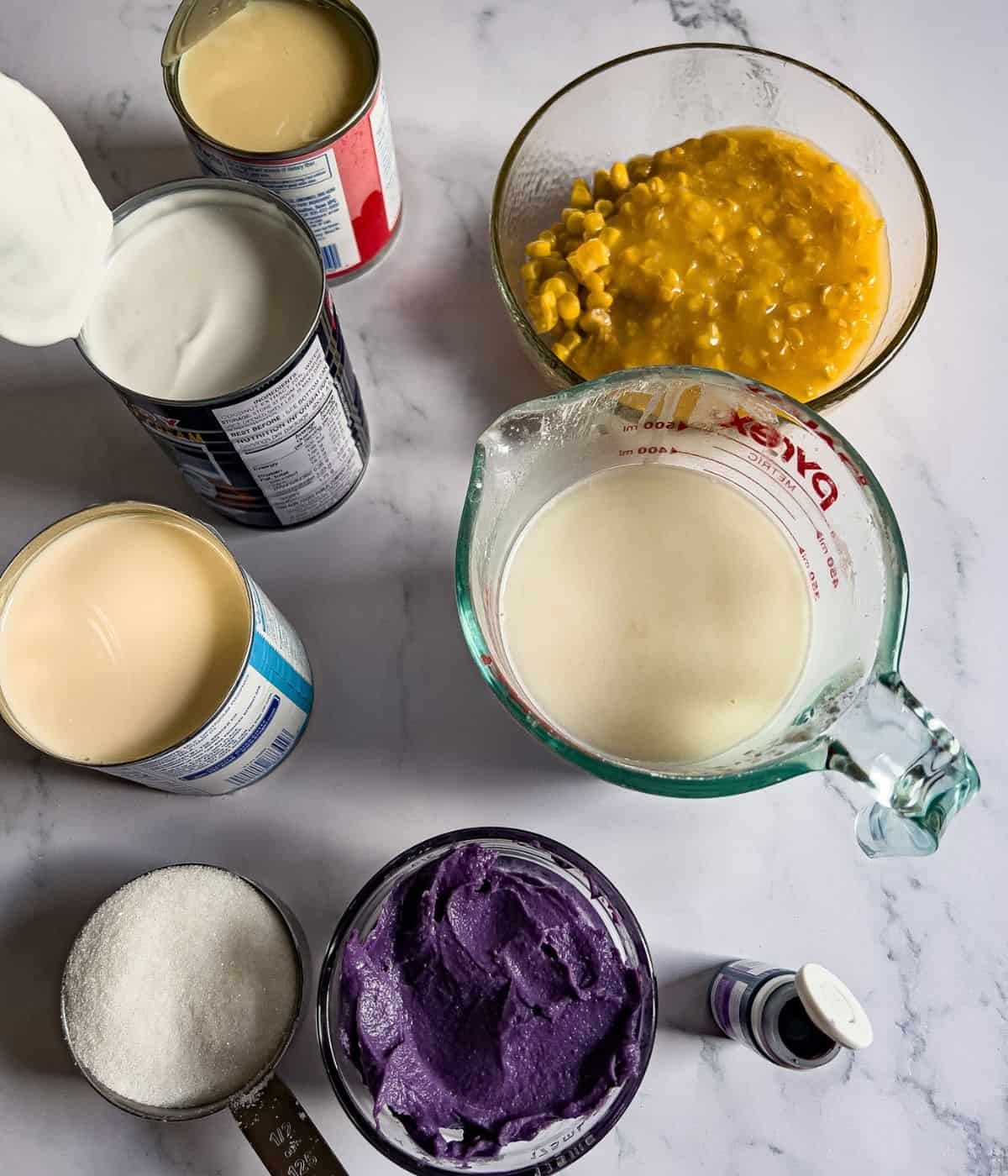 Ingredients for ube maja blanca recipe.