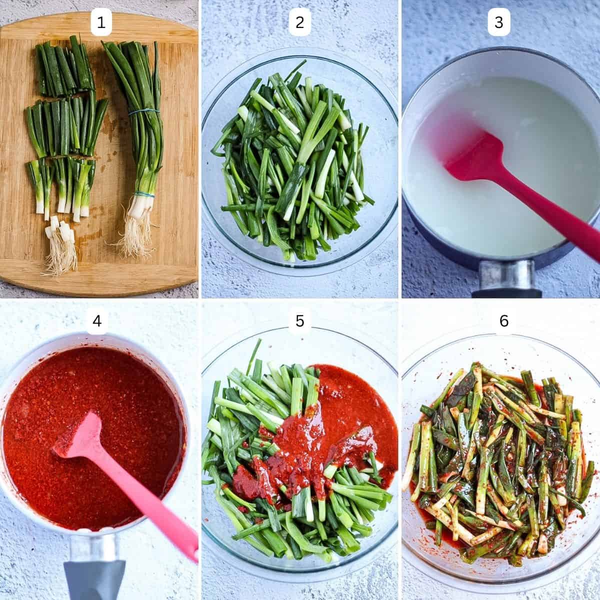 Step by step instructions on how to make green onion kimchi.