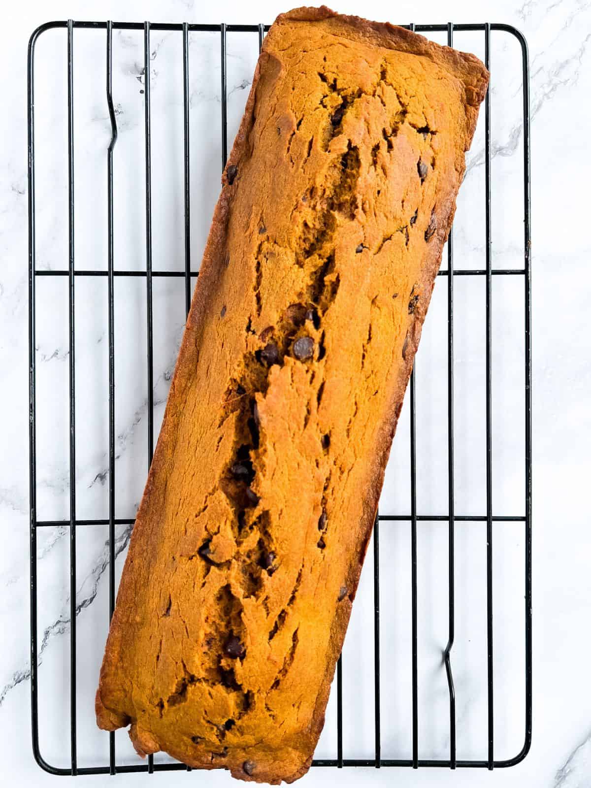 A whole loaf of pumpkin chocolate chip and raisin bread.