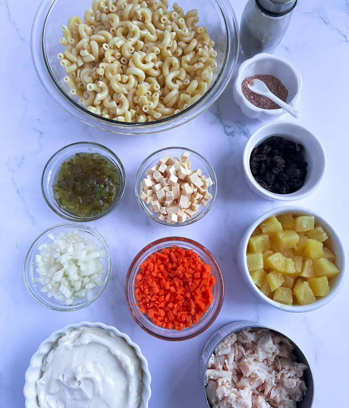 Ingredients for filipino macaroni salad.