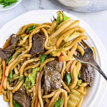 Beef udon stir-fry noodles in a plate.
