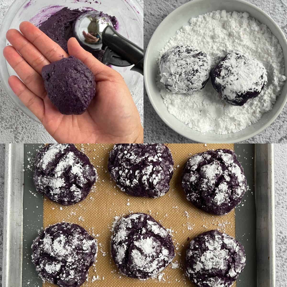 Rolling and baking the ube crinkle cookies.