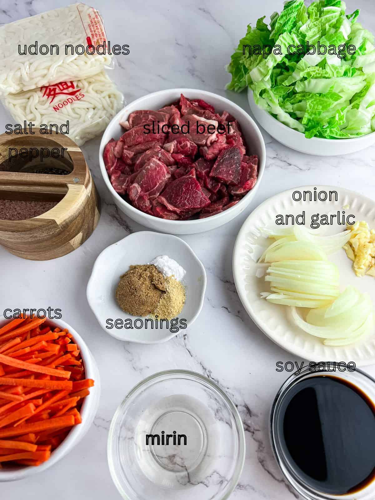 Ingredients for beef udon stir-fry noodles.