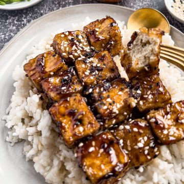 A bite of sweet and sticky tofu nugget.