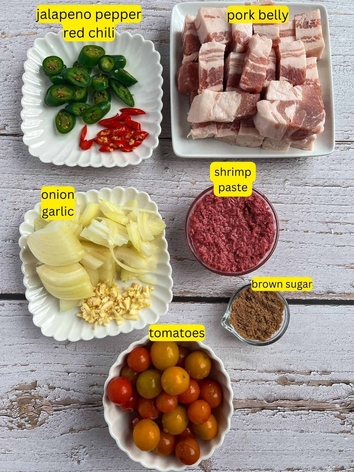 Ingredients for the pork binagoongan dish.