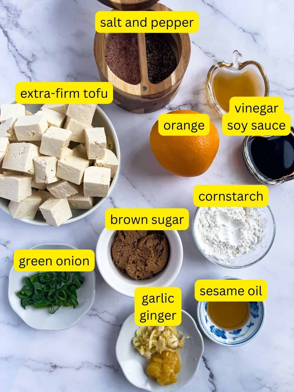 Ingredients for orange chicken tofu dish.