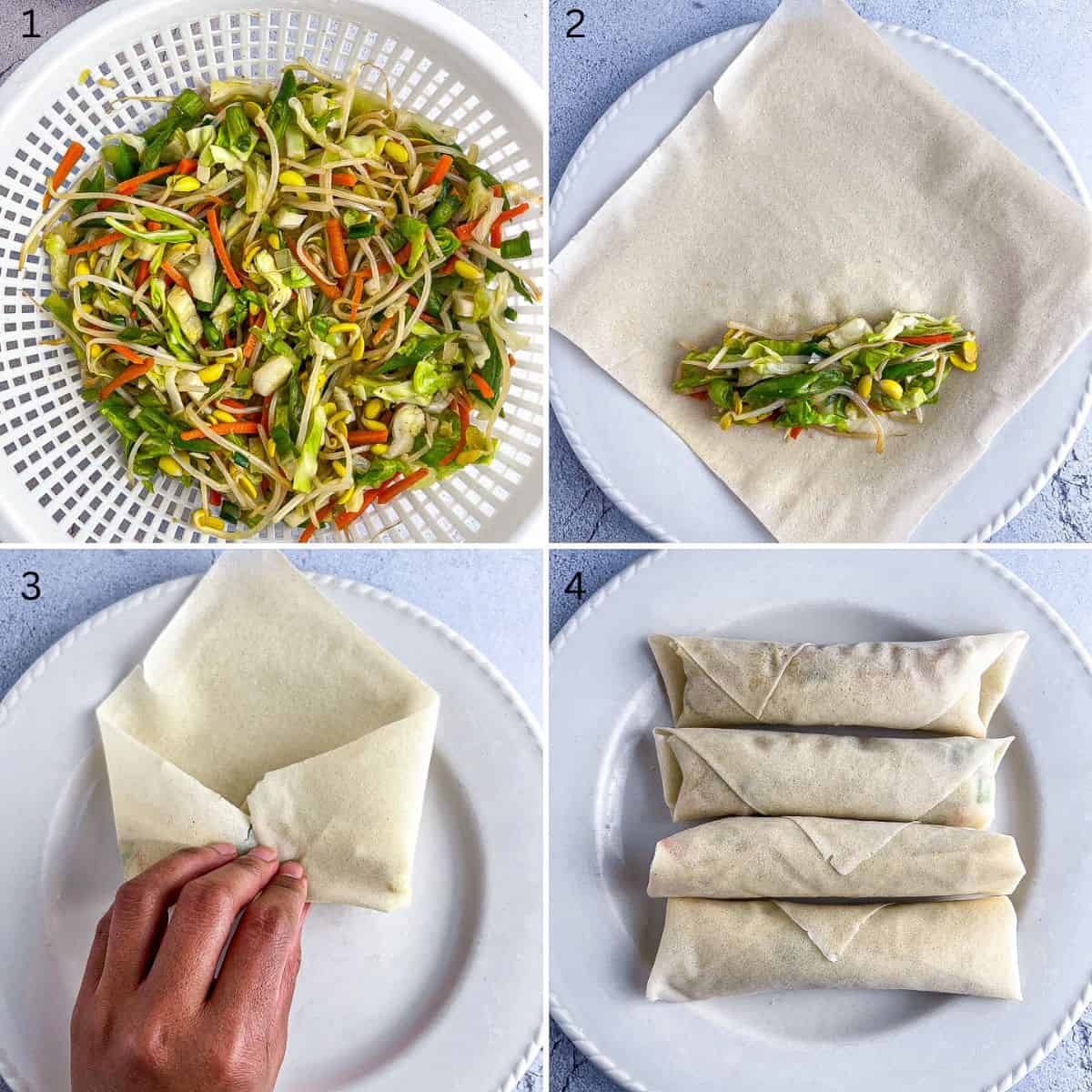 Step by step photo on how to wrap a lumpia.