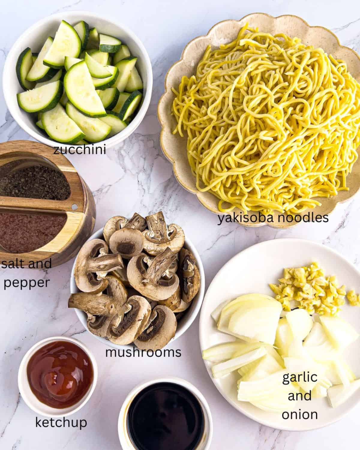 Ingredients for veggie yakisoba recipe.