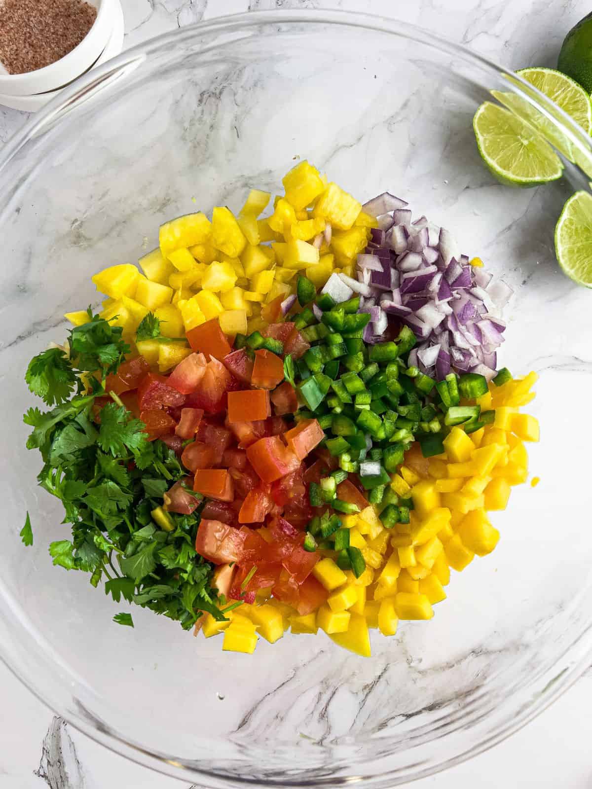 Chopped ingredients of mango pineapple pico de gallo salsa in a bowl.