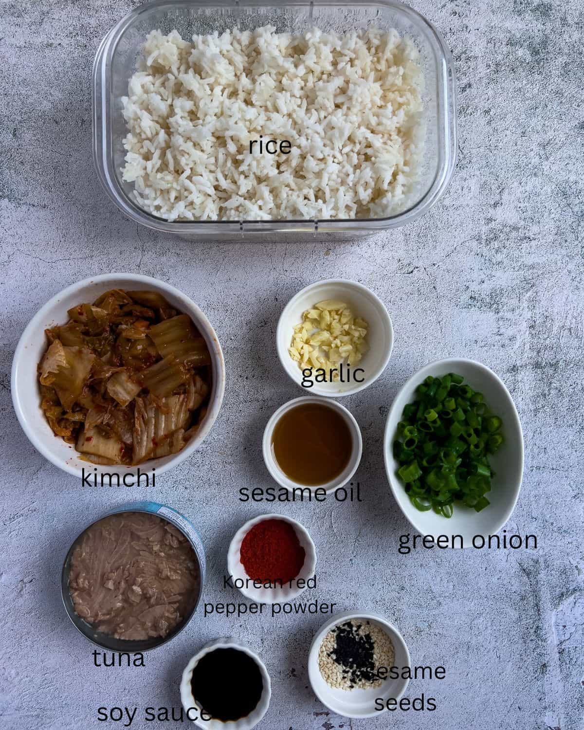 Ingredients for tuna  kimchi fried rice.