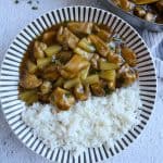 Glazed Pineapple Chicken In a plate serve with rice.