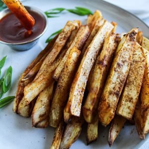 Air-fryer sweet potatoes with dipping sauce.