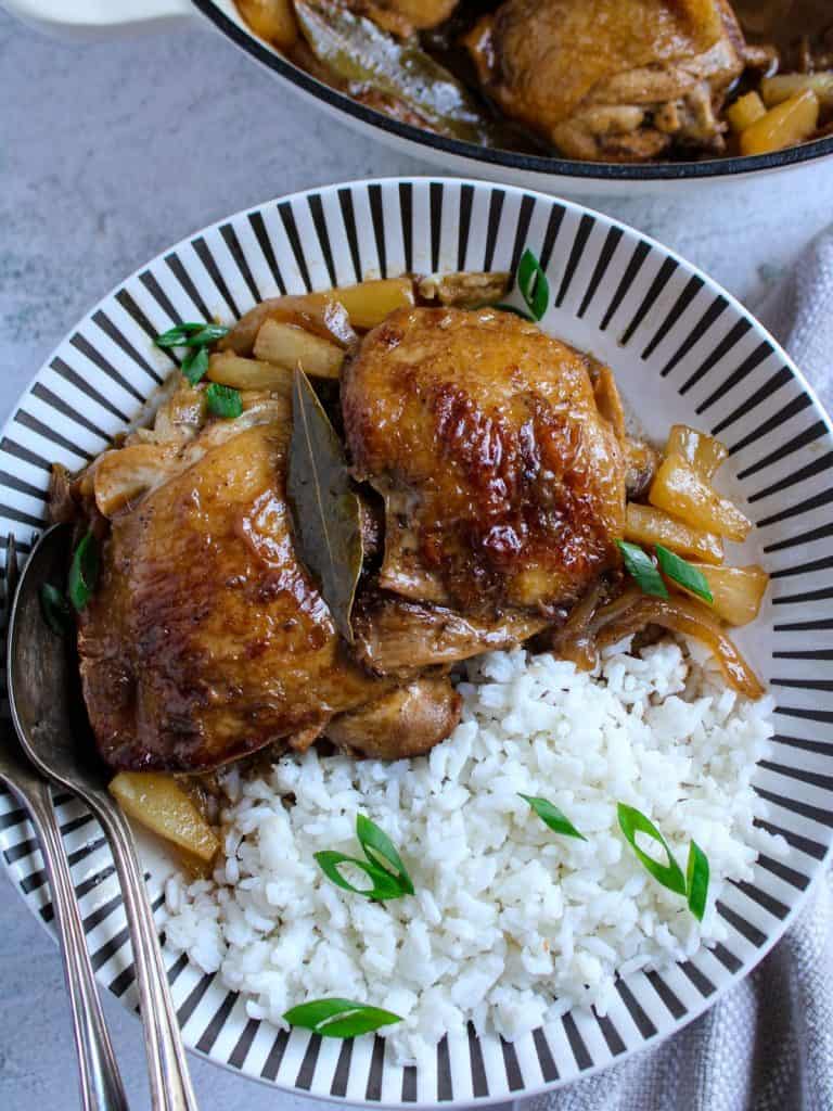 Finish dish of pineapple chicken adobo in a bowl.