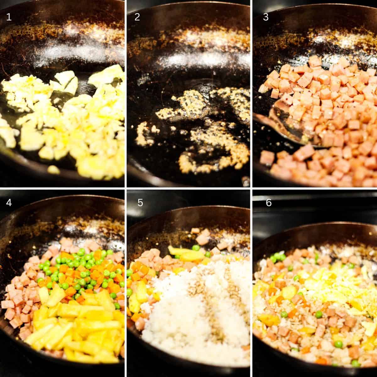 Step by step instructions to make fried rice rice with spam and pineapple.