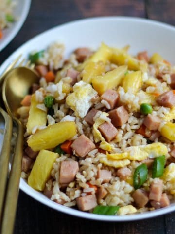 Finish dish of fried rice with spam and pineapple.