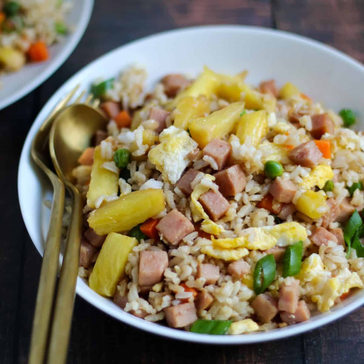 Finish dish of fried rice with spam and pineapple.