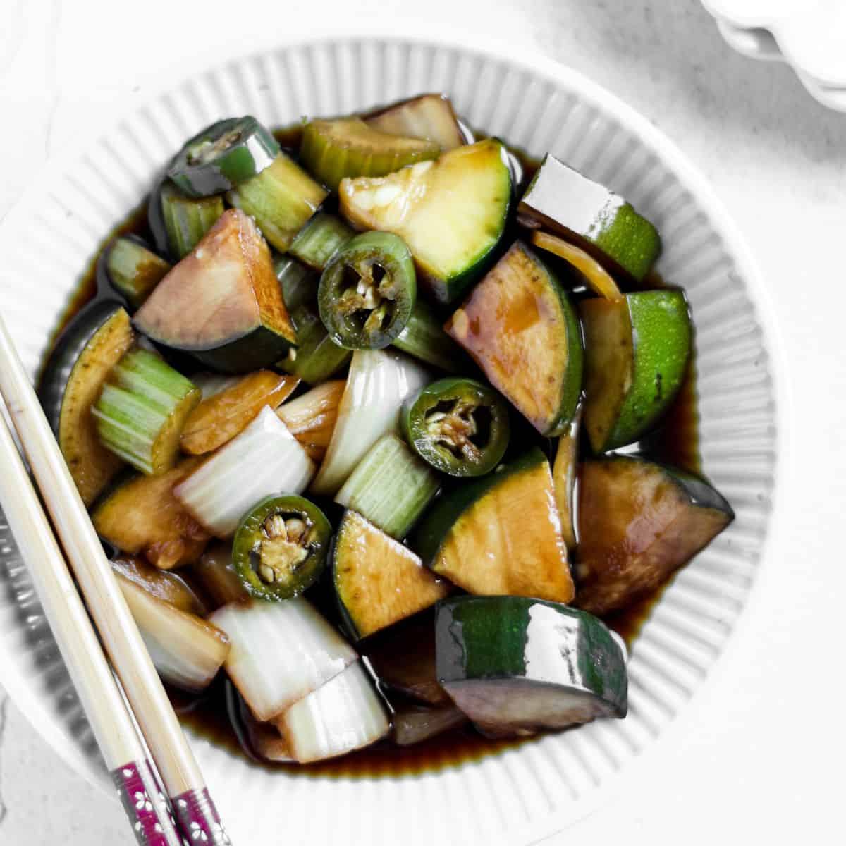 Korean Pickled Vegetables (Jangajji) finish dish in a bowl.