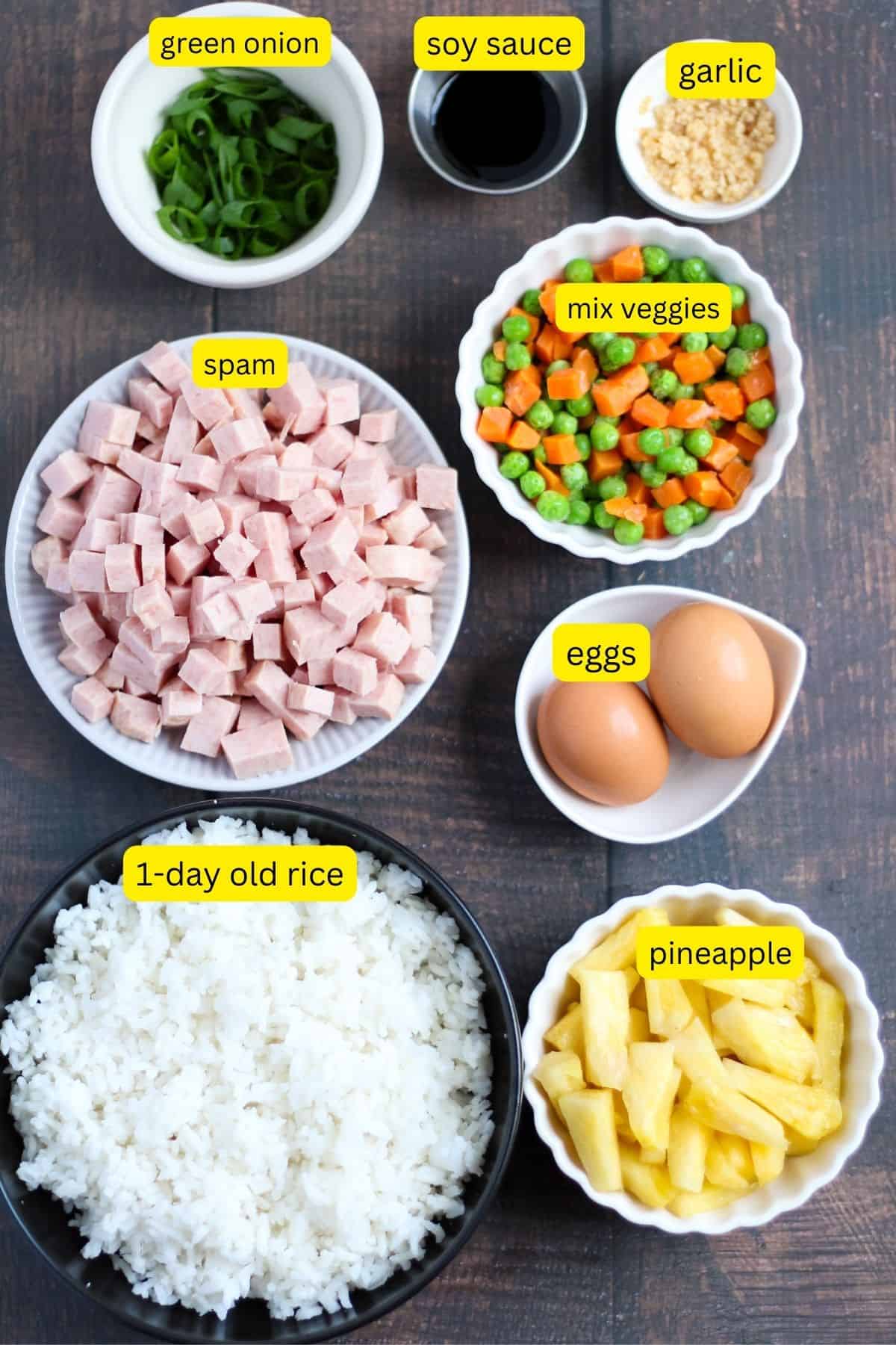 Ingredients for fried rice with spam and pineapple.