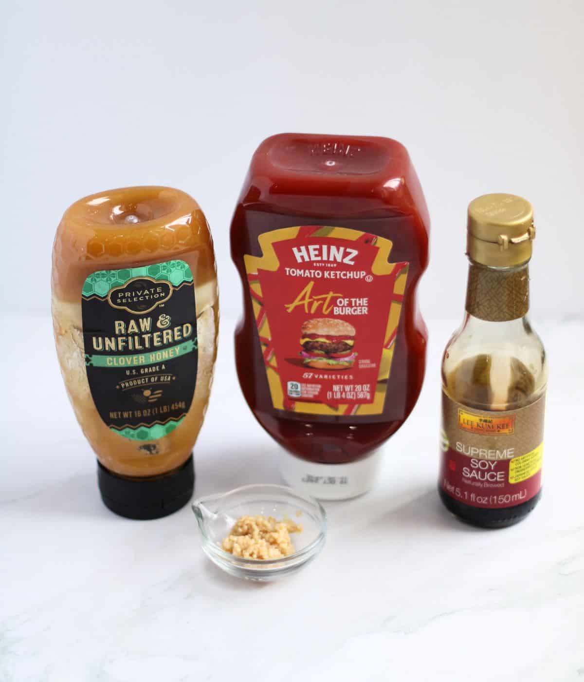 Ingredients for honey garlic sauce.