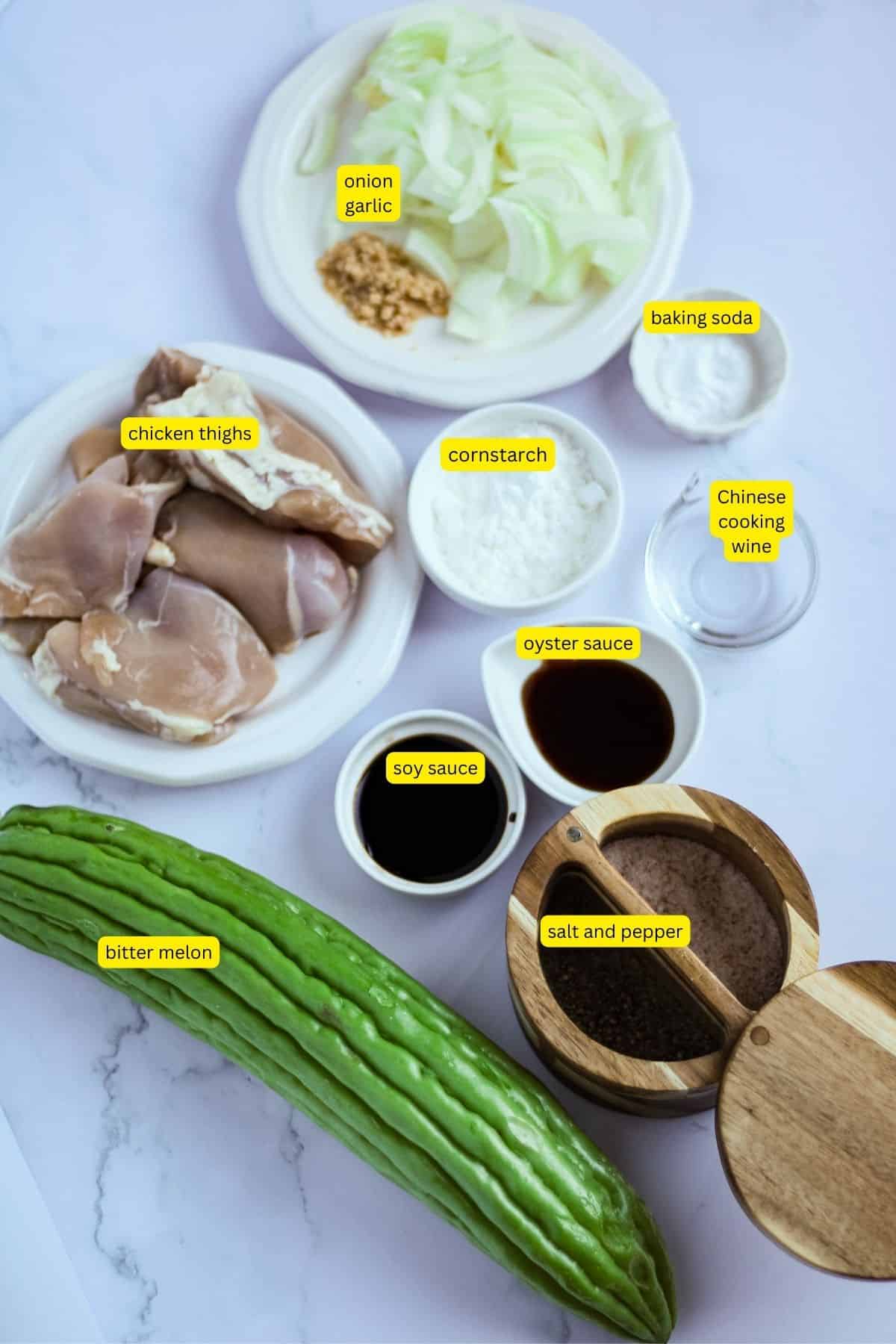 Ingredients for bitter melon and chicken with oyster sauce.