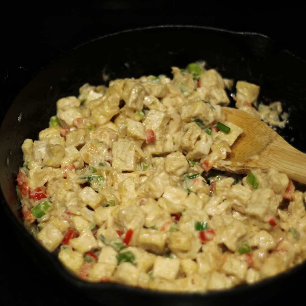 Finish dish of sisig tofu in a skillet.